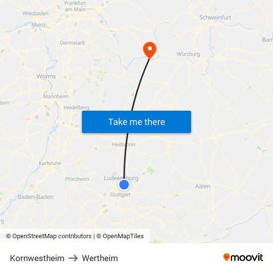 Kornwestheim to Wertheim map