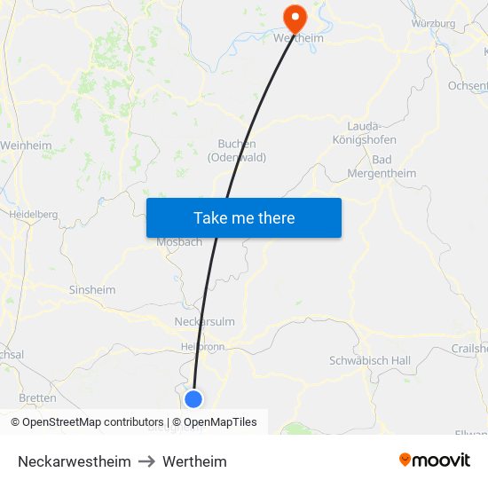 Neckarwestheim to Wertheim map