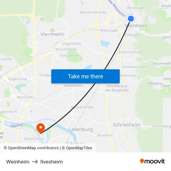 Weinheim to Ilvesheim map