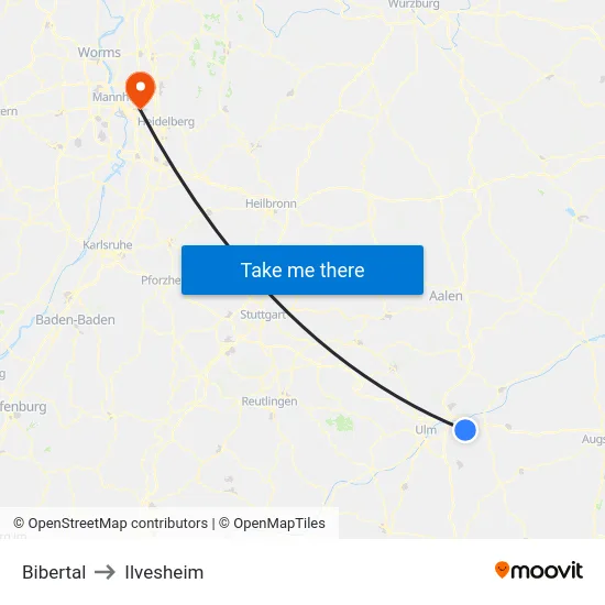 Bibertal to Ilvesheim map
