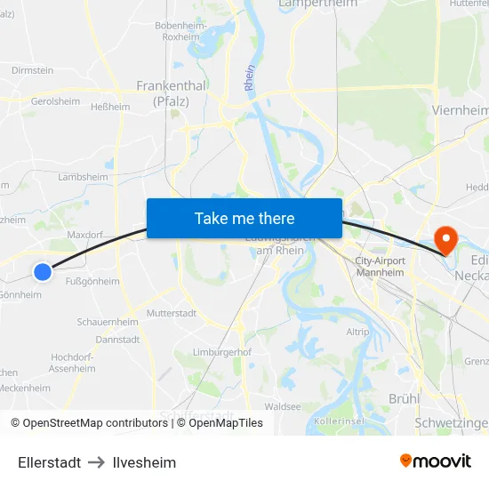 Ellerstadt to Ilvesheim map