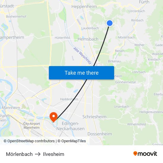 Mörlenbach to Ilvesheim map