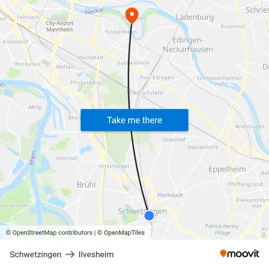 Schwetzingen to Ilvesheim map