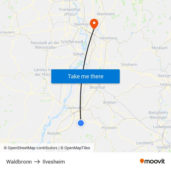 Waldbronn to Ilvesheim map