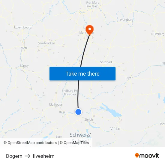 Dogern to Ilvesheim map
