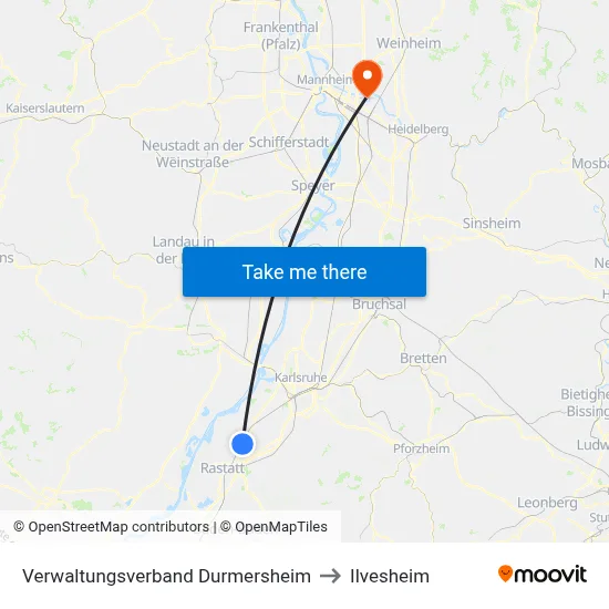 Verwaltungsverband Durmersheim to Ilvesheim map