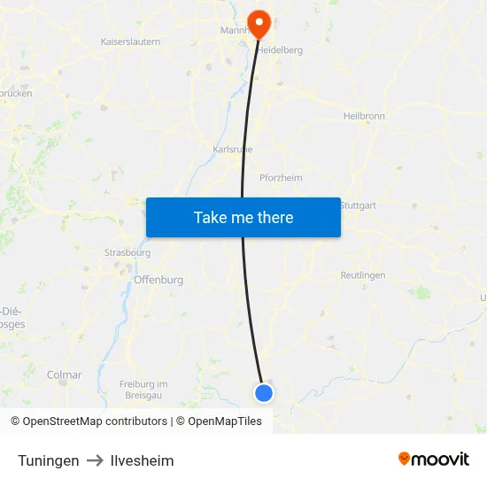 Tuningen to Ilvesheim map