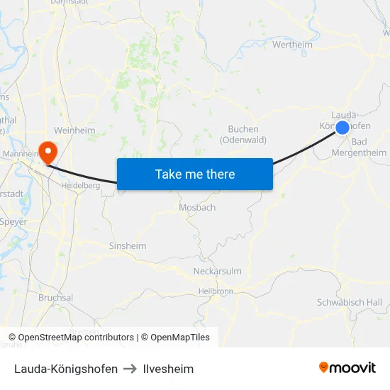 Lauda-Königshofen to Ilvesheim map