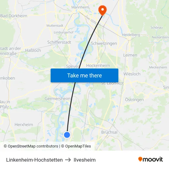 Linkenheim-Hochstetten to Ilvesheim map