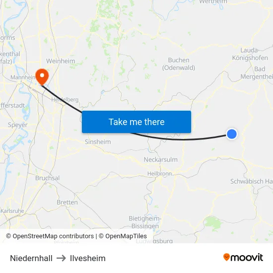 Niedernhall to Ilvesheim map