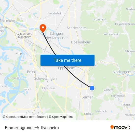 Emmertsgrund to Ilvesheim map