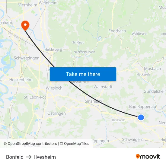 Bonfeld to Ilvesheim map