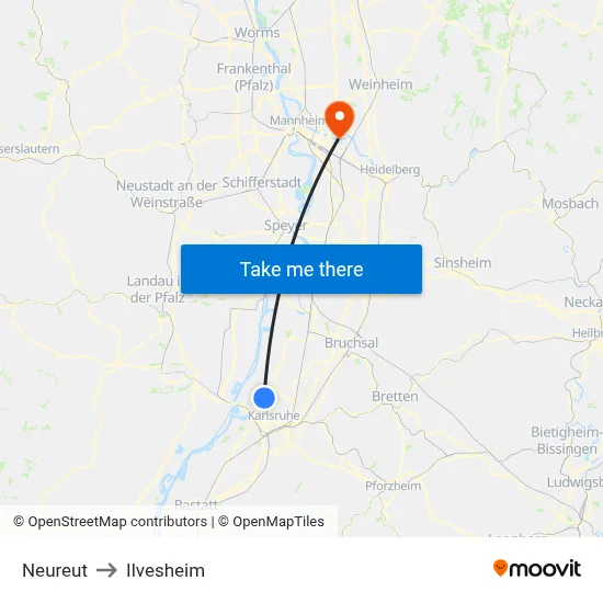 Neureut to Ilvesheim map