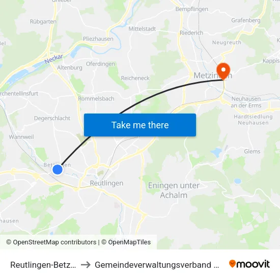 Reutlingen-Betzingen to Gemeindeverwaltungsverband Metzingen map