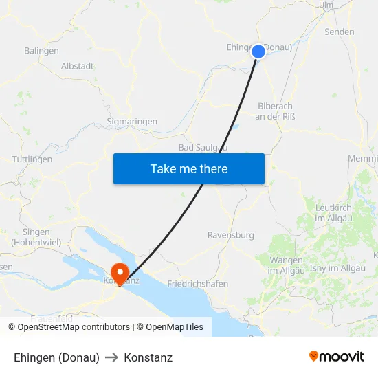 Ehingen (Donau) to Konstanz map