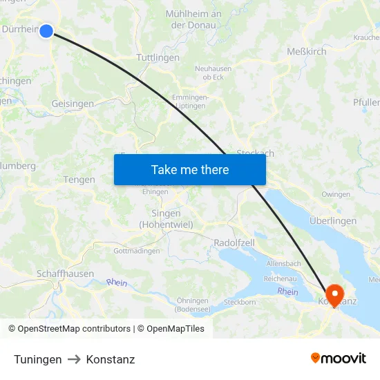 Tuningen to Konstanz map