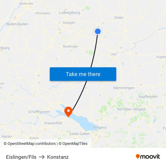 Eislingen/Fils to Konstanz map