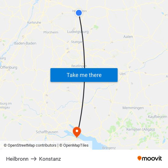 Heilbronn to Konstanz map