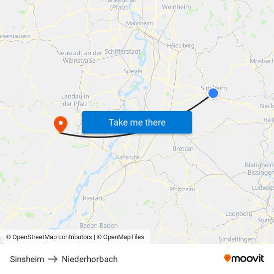 Sinsheim to Niederhorbach map