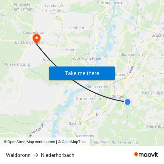 Waldbronn to Niederhorbach map