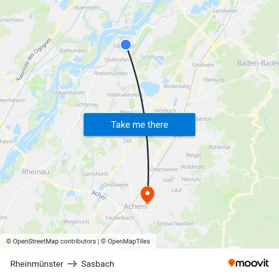 Rheinmünster to Sasbach map