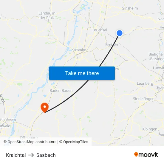 Kraichtal to Sasbach map