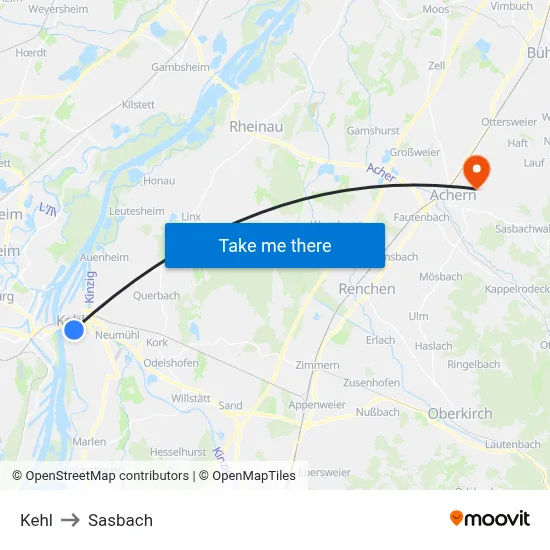 Kehl to Sasbach map