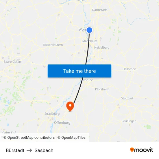 Bürstadt to Sasbach map