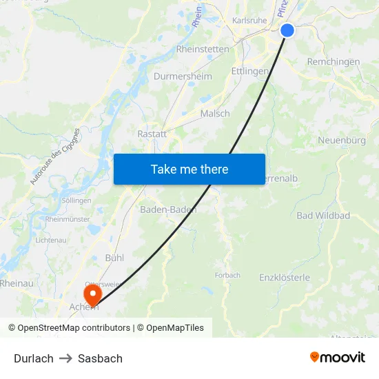 Durlach to Sasbach map