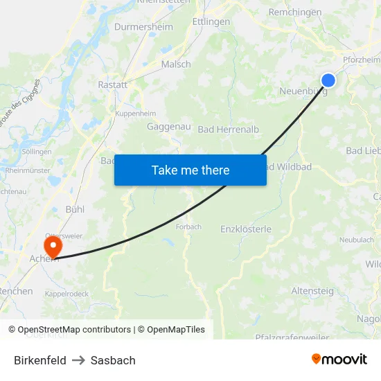 Birkenfeld to Sasbach map