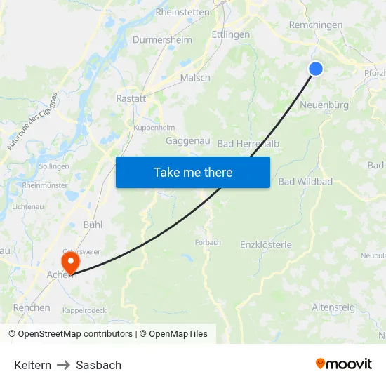 Keltern to Sasbach map