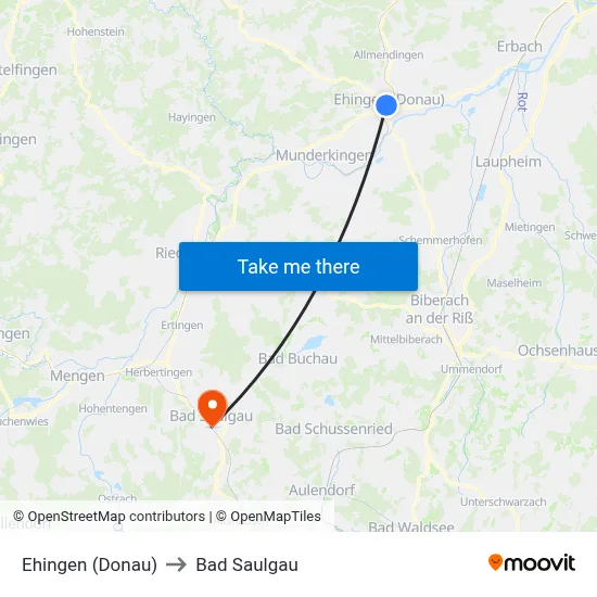 Ehingen (Donau) to Bad Saulgau map