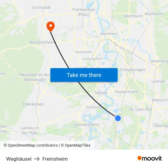 Waghäusel to Freinsheim map