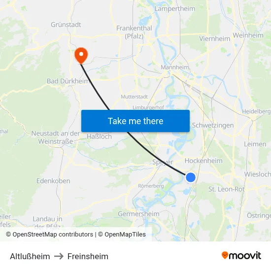 Altlußheim to Freinsheim map