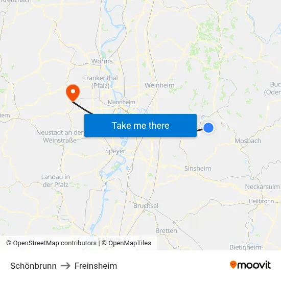 Schönbrunn to Freinsheim map