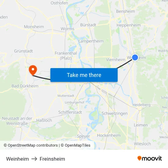 Weinheim to Freinsheim map