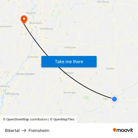 Bibertal to Freinsheim map