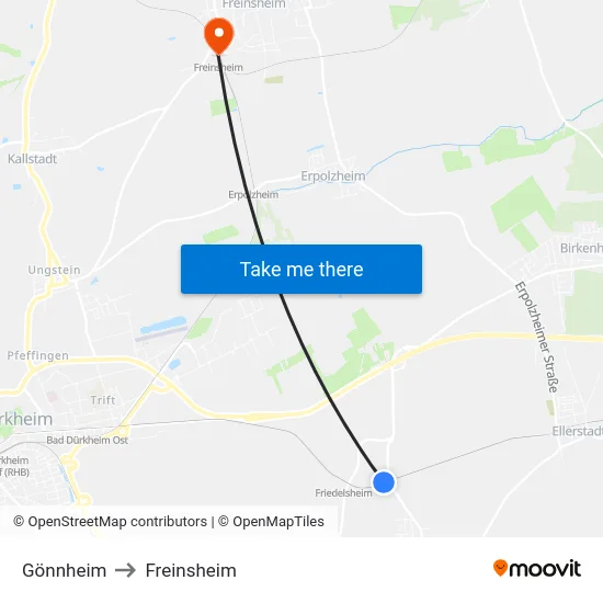 Gönnheim to Freinsheim map