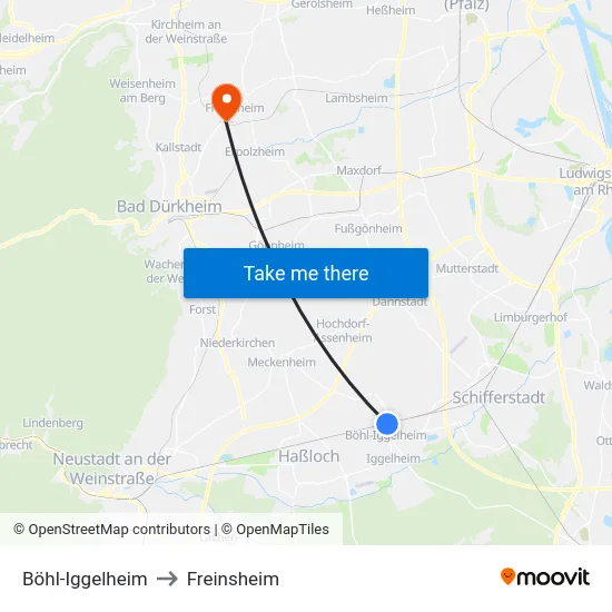 Böhl-Iggelheim to Freinsheim map
