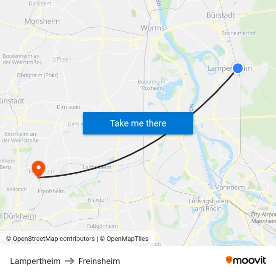 Lampertheim to Freinsheim map