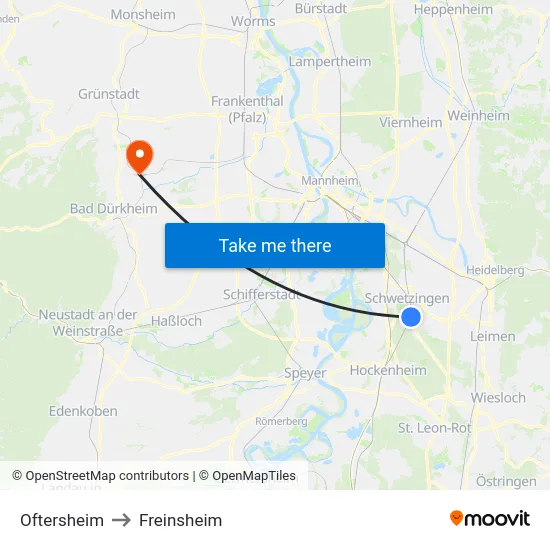 Oftersheim to Freinsheim map