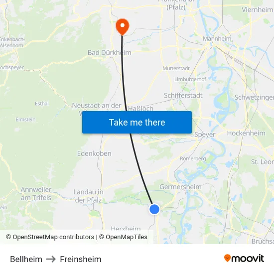 Bellheim to Freinsheim map