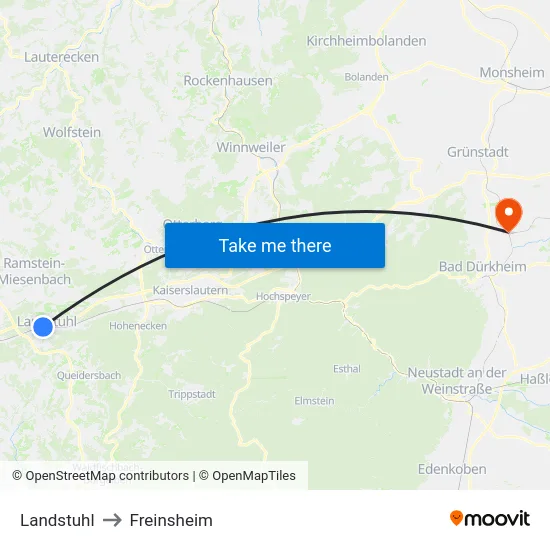 Landstuhl to Freinsheim map