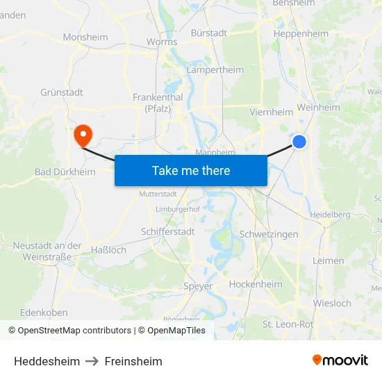 Heddesheim to Freinsheim map