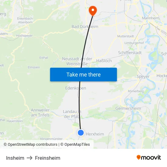 Insheim to Freinsheim map