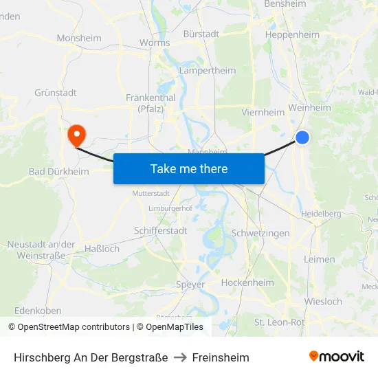 Hirschberg An Der Bergstraße to Freinsheim map