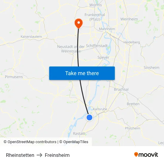 Rheinstetten to Freinsheim map