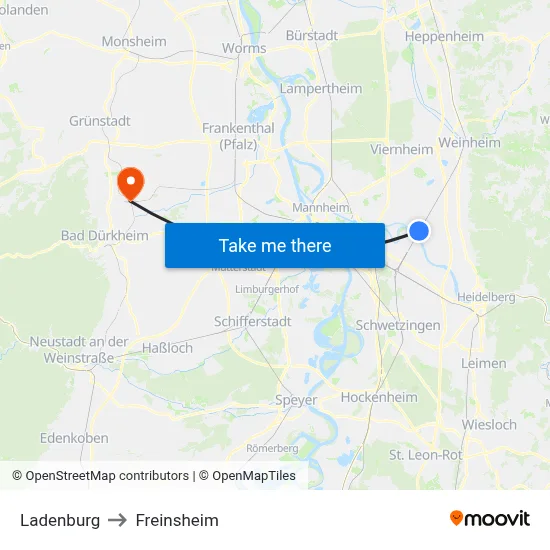 Ladenburg to Freinsheim map