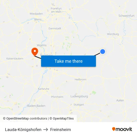 Lauda-Königshofen to Freinsheim map