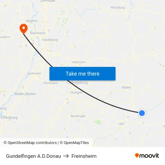 Gundelfingen A.D.Donau to Freinsheim map
